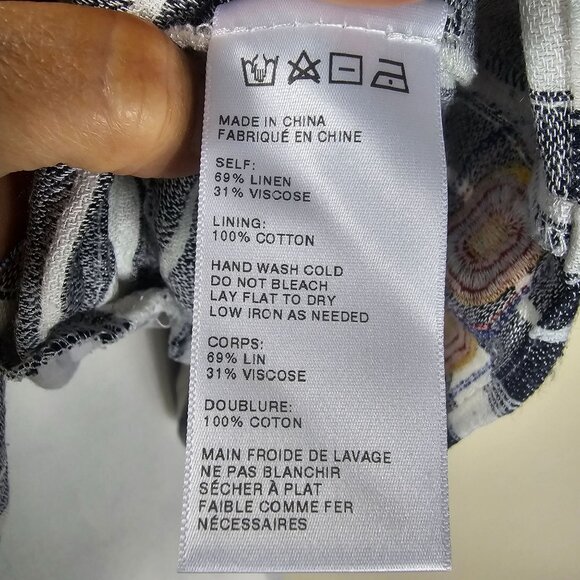 Anthropologie Maeve Embroidered Peplum Linen Top L Striped Open Back Festival - Picture 8 of 10